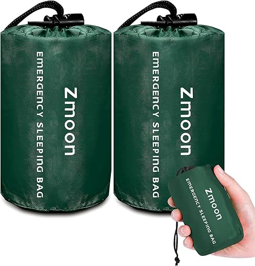 Zmoon Emergency Sleeping Bag 2 Pack Lightweight Survival Sleeping Bags Thermal Bivy Sack Portable Emergency Blanket For Camping, Hiking, Outdoor, Activities (Green)