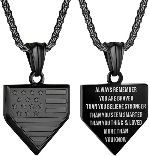Zray Usa Flag Baseball Plate Necklace For Men Personalized Bible Verse Shield Pendant Stainless Steel Chain 22+2 Inch Inspirational Baseball Sport Gift Patriotic Jewelry For Boys（B-Always Remember）