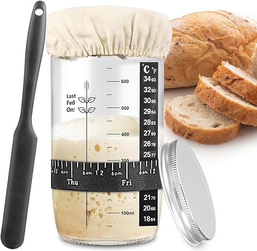 Zunmial Sourdough Starter Jar, Sourdough Starter Kit With Date Marked Feeding Band, Thermometer, Cloth Cover &Amp; Metal Lid, Reusable Sourdough Bread Baking Supplies, Home Baking Supplies