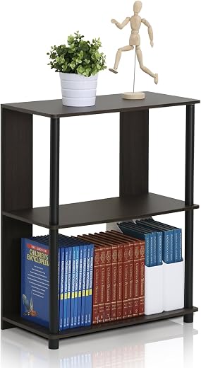 Furinno Jaya Storage Shelves, 3-Tier Open Book Shelf, Display Corner Shelf, For Living Room, Bedroom, Home Office, Walnut/Black